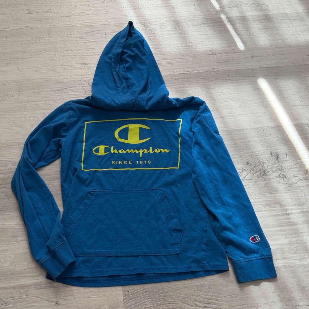 Champion Blue Hoodie with Yellow Logo Graphic